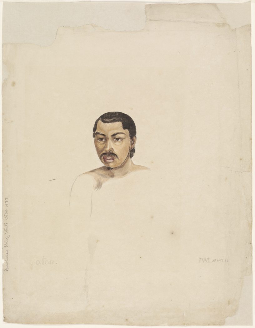 A pencil and watercolour portrait of a young man with a moustache and tied-back hair, on a large blank sheet.