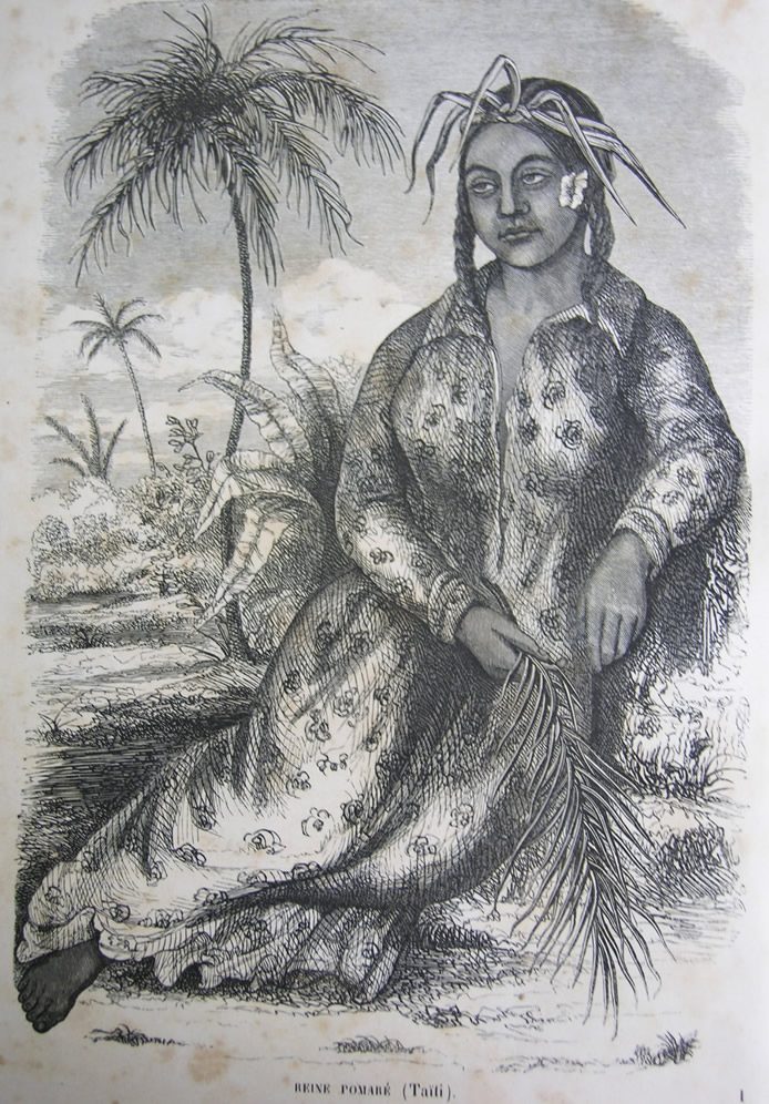 An engraving of a woman in a flowered gown seated beneath palm trees, holding a fan.