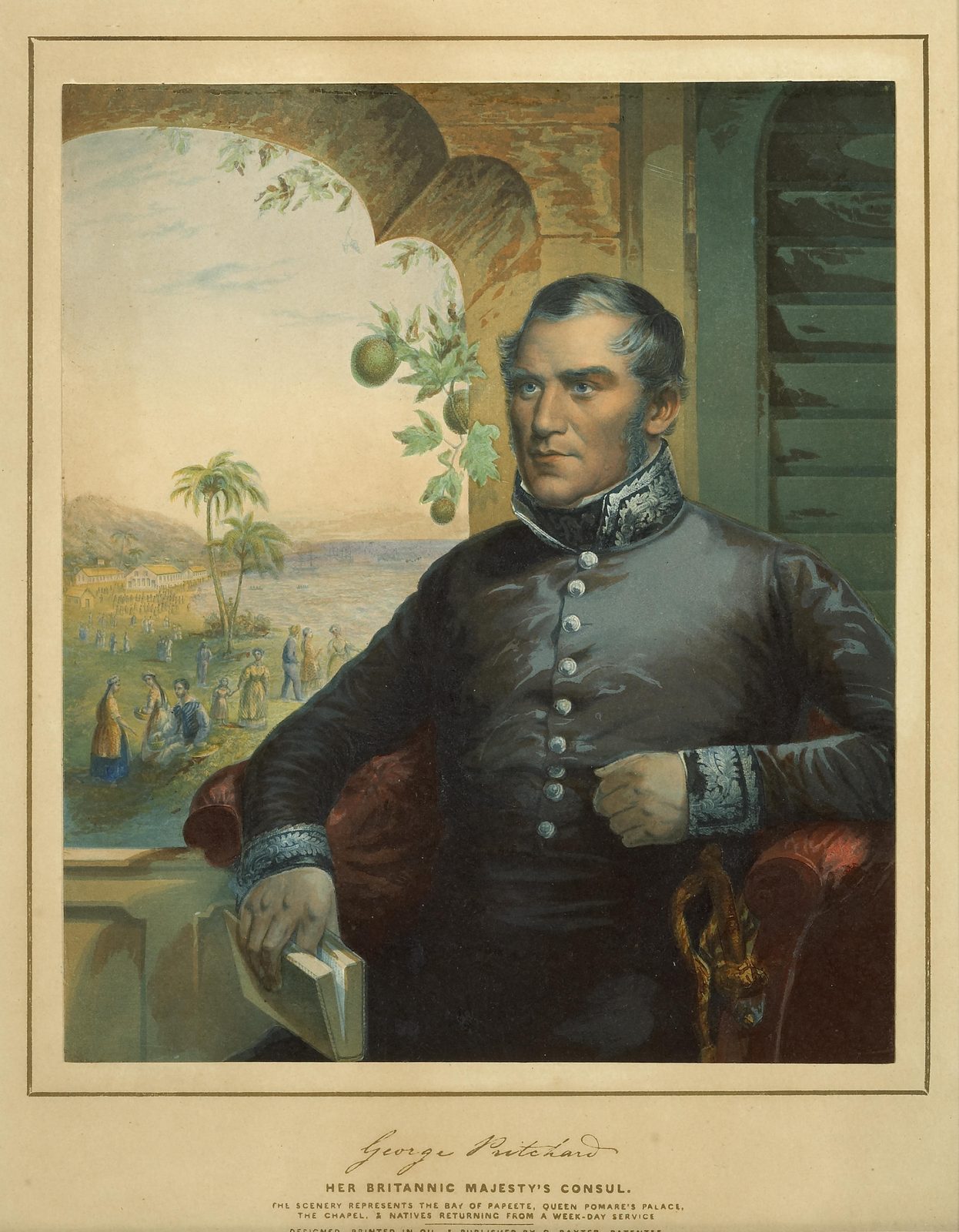 A coloured print of a man in a dark uniform seated by an arched window that looks onto a tropical bay.