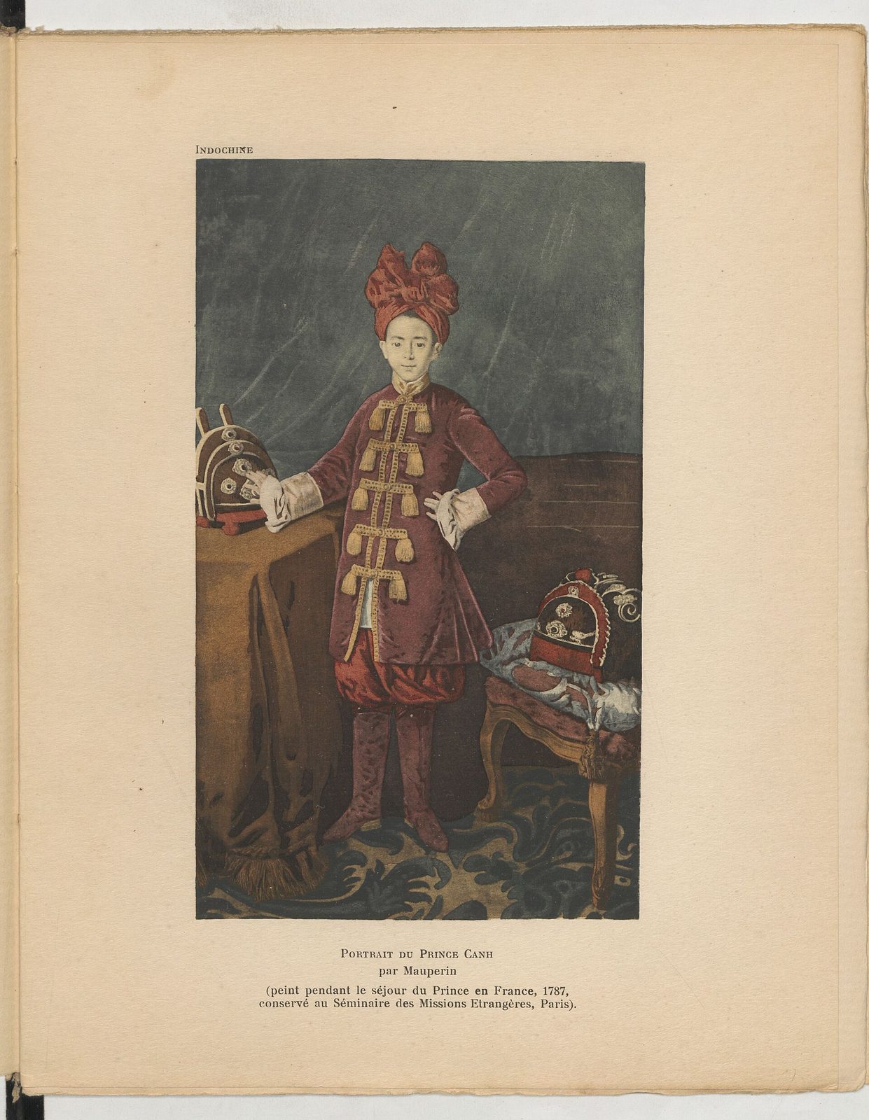 A painted portrait of a boy in a red turban and coat standing beside a table.