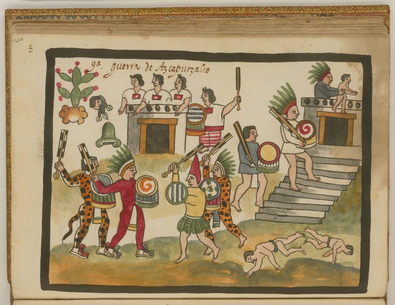 A painted book page of warriors in jaguar and feather costume fighting before temples.