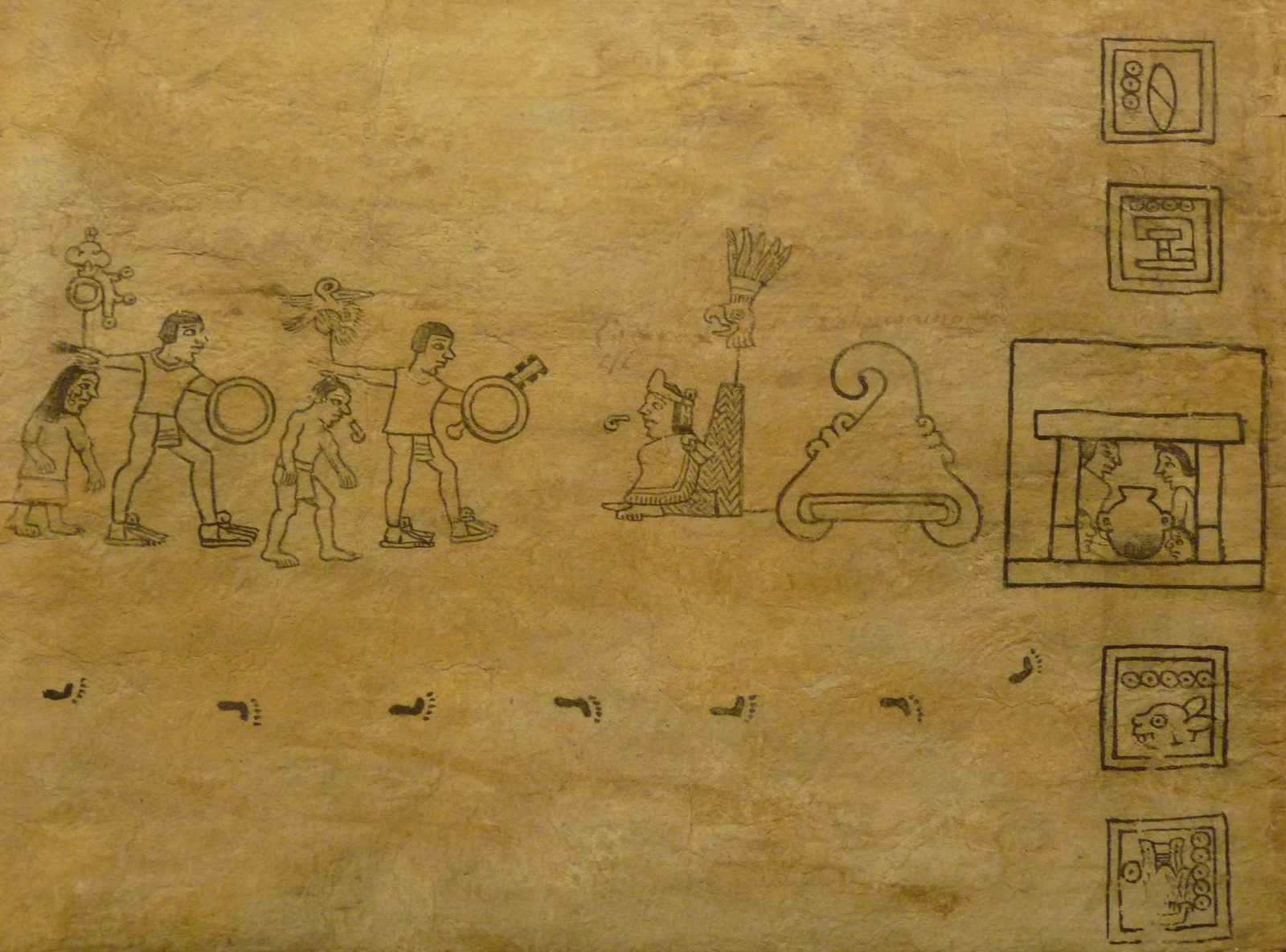 A codex page of figures walking with shields and a seated ruler, with year glyphs in boxes at the right.