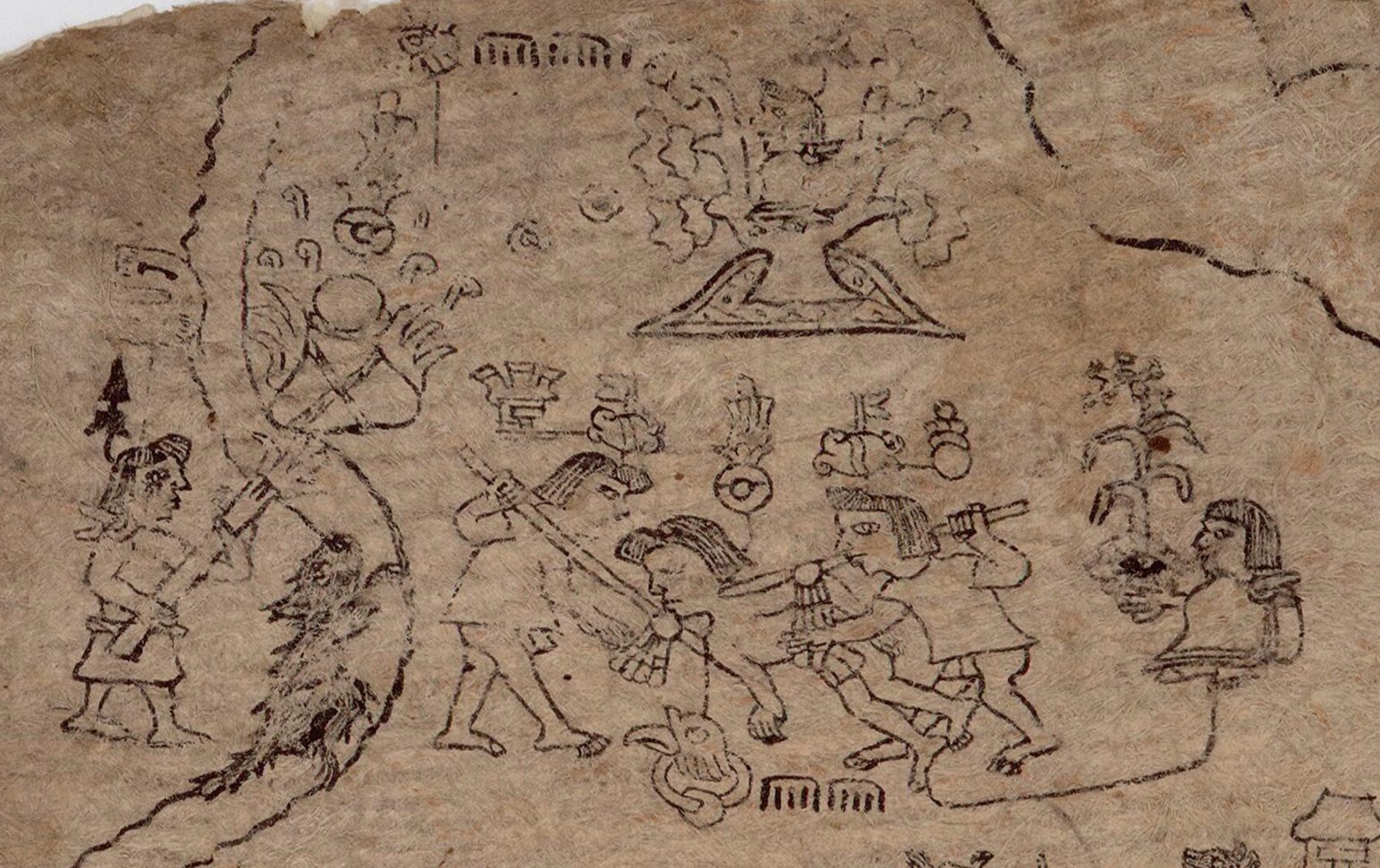 A drawing on worn paper of warriors attacking a figure, a small figure hidden in a tree at the top.