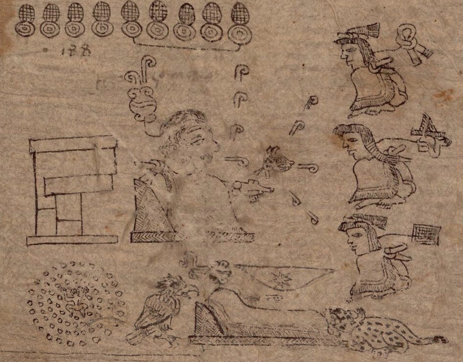 A drawing of a ruler on a throne speaking to three figures, an eagle and a jaguar below.