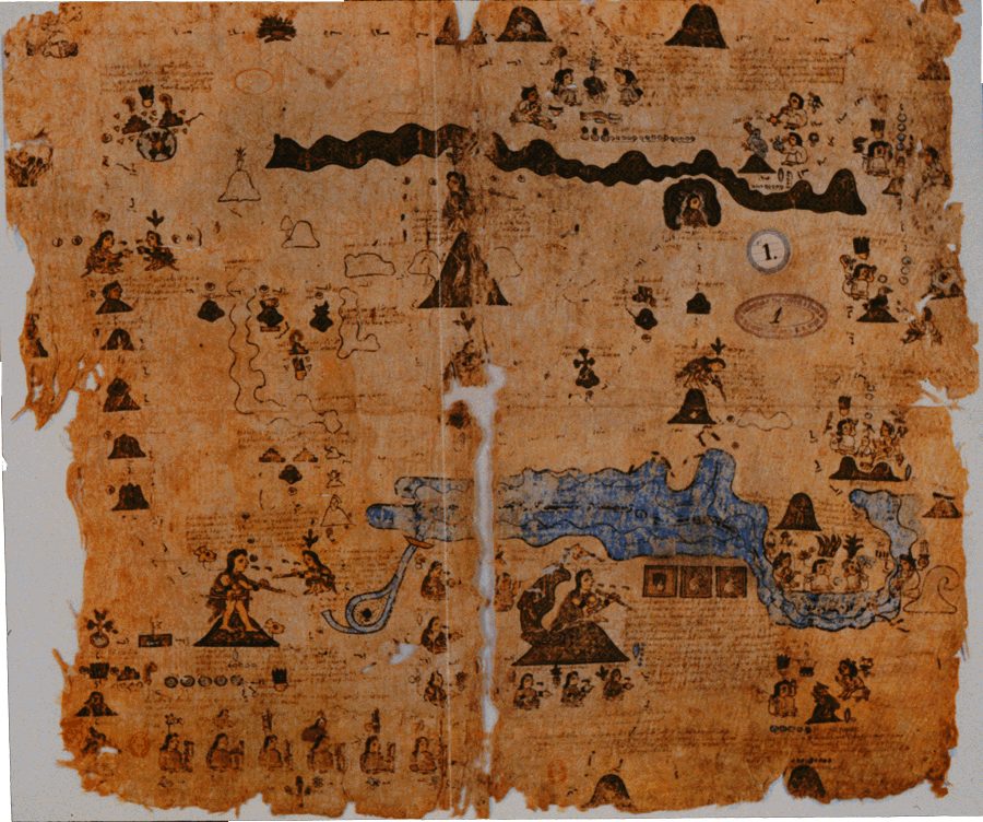 A worn painted map of a valley with lakes in blue, hills and seated figures with name glyphs.
