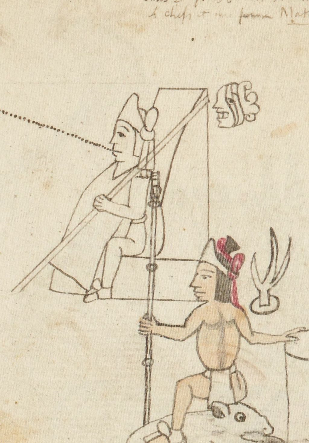 A pen drawing of a lord seated on a high-backed throne, a smaller figure seated below.