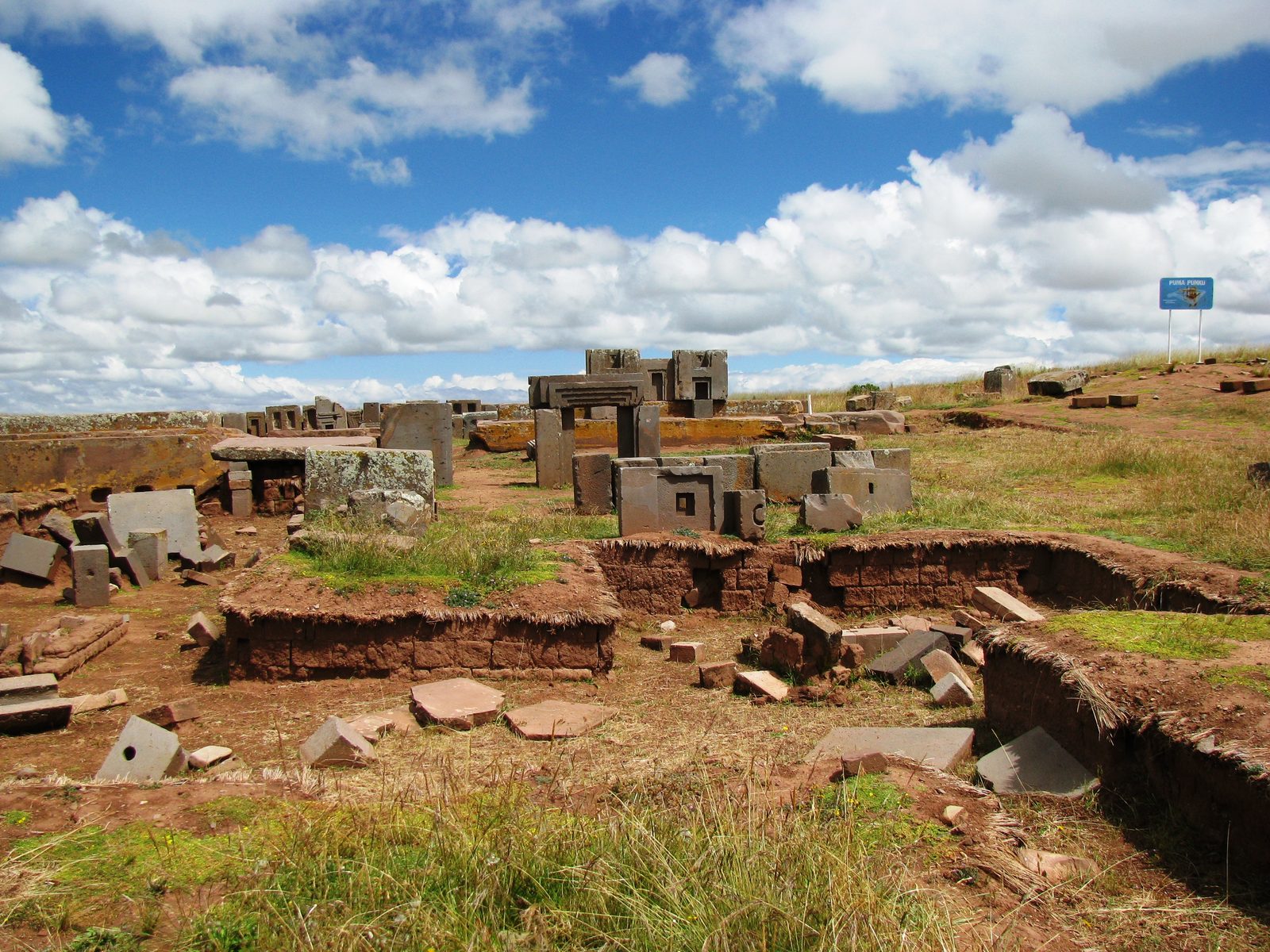 Scattered cut stone blocks, some with precise right-angled recesses, lying on a grassy field.