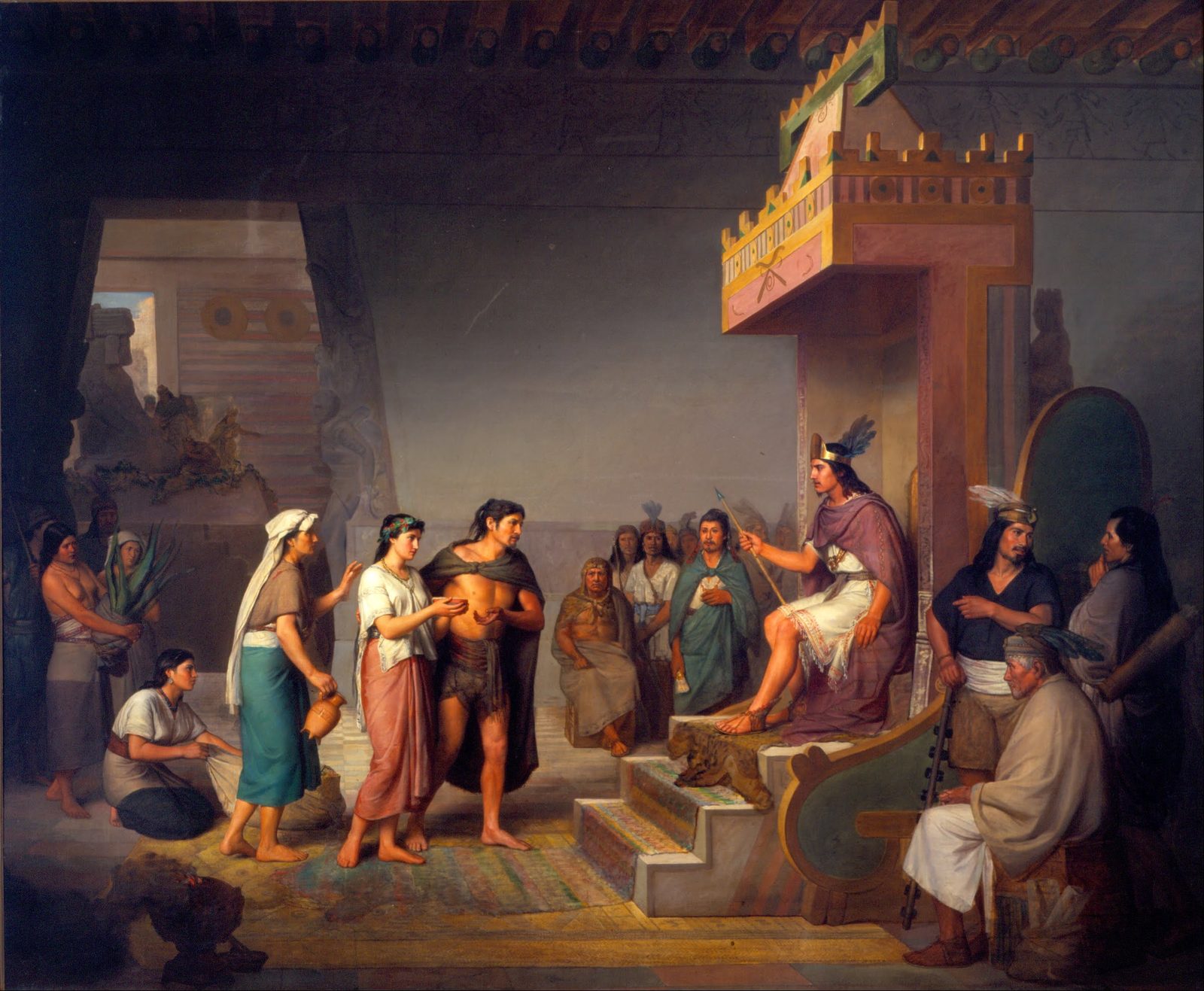 An oil painting of a young woman presenting a vessel to a king on a throne, courtiers around them.