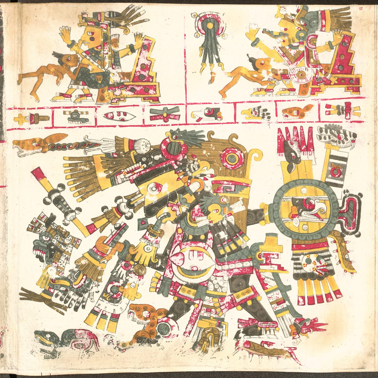 A painted codex page with an elaborately costumed deity at the centre, surrounded by symbols.