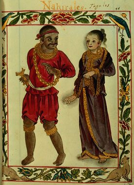 A painted manuscript page in a flowered border showing a man in a red jacket and red breeches with gold chains, and a woman in a long dark robe.