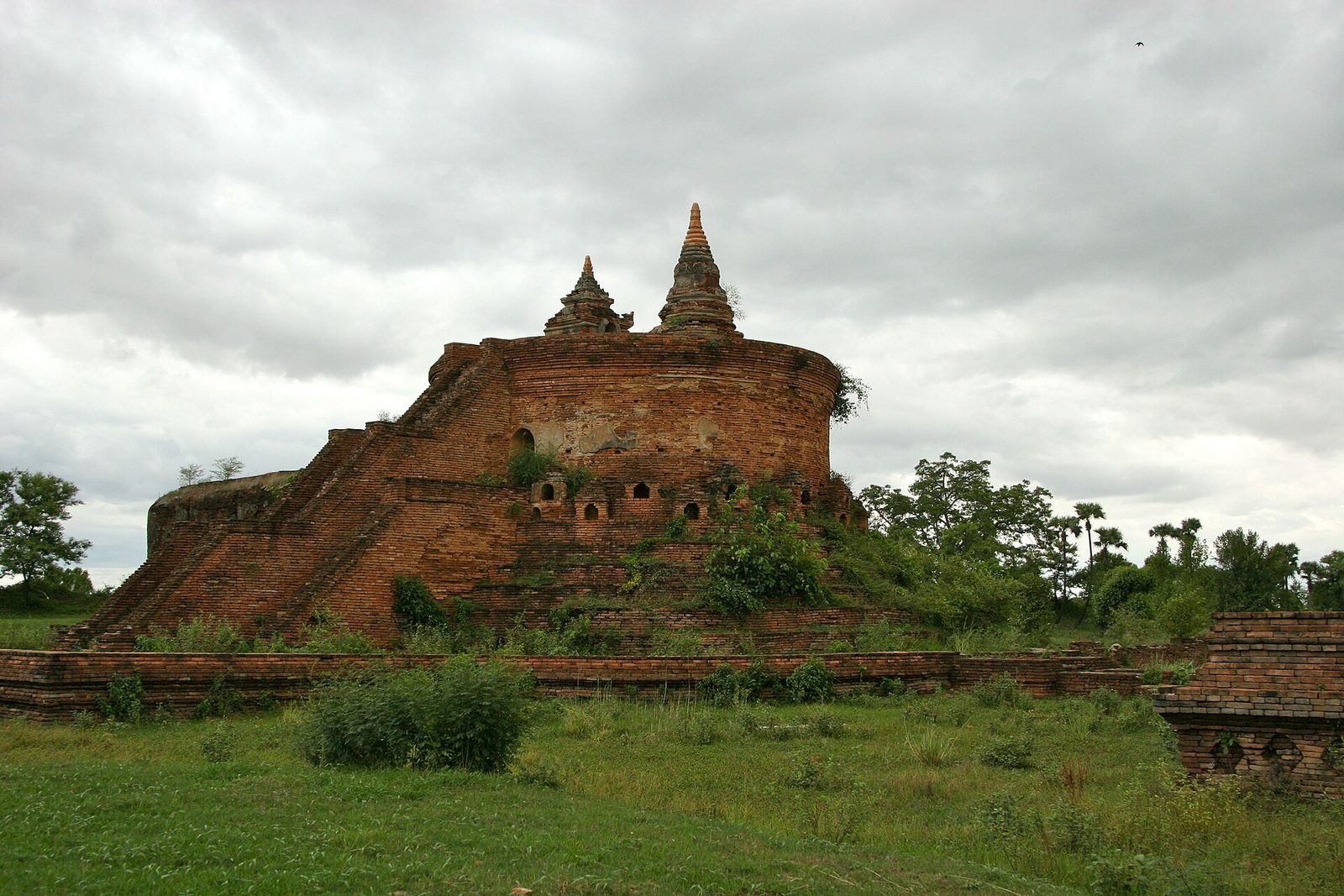 A ruined brick stupa overgrown with plants under a grey sky.
