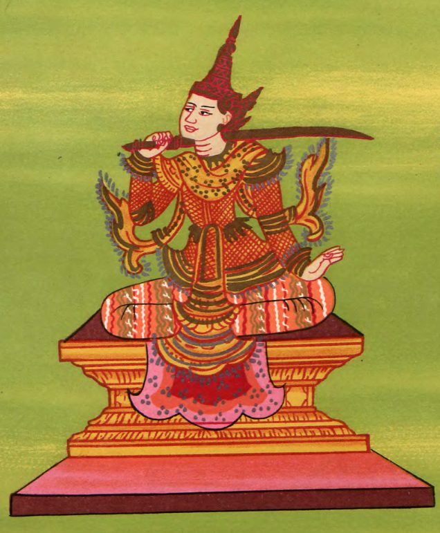 A painted figure of a crowned king seated on a throne, holding a sword.
