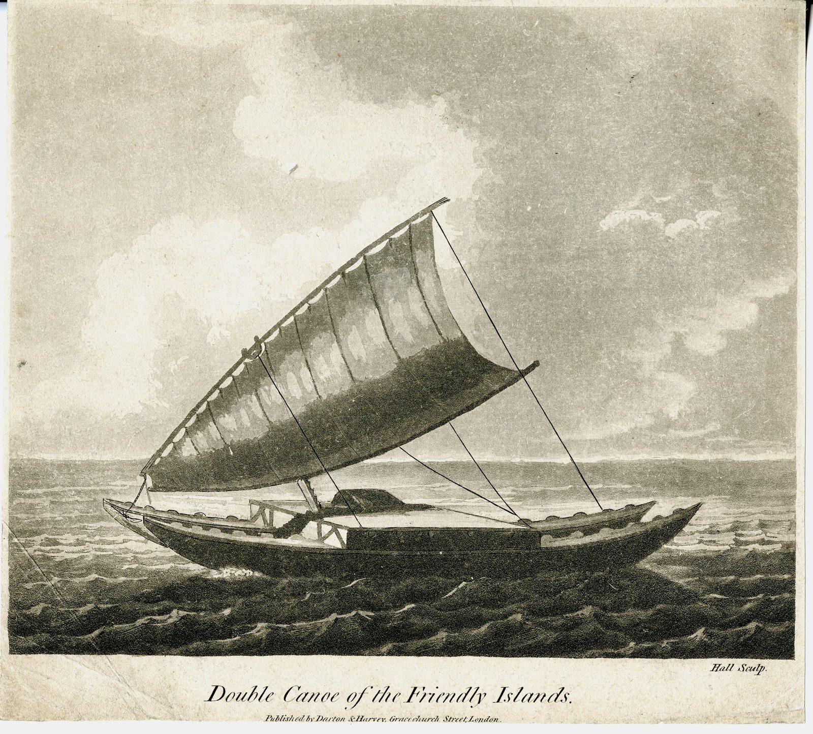 An engraving of a large double-hulled sailing canoe with a crab-claw sail at sea.