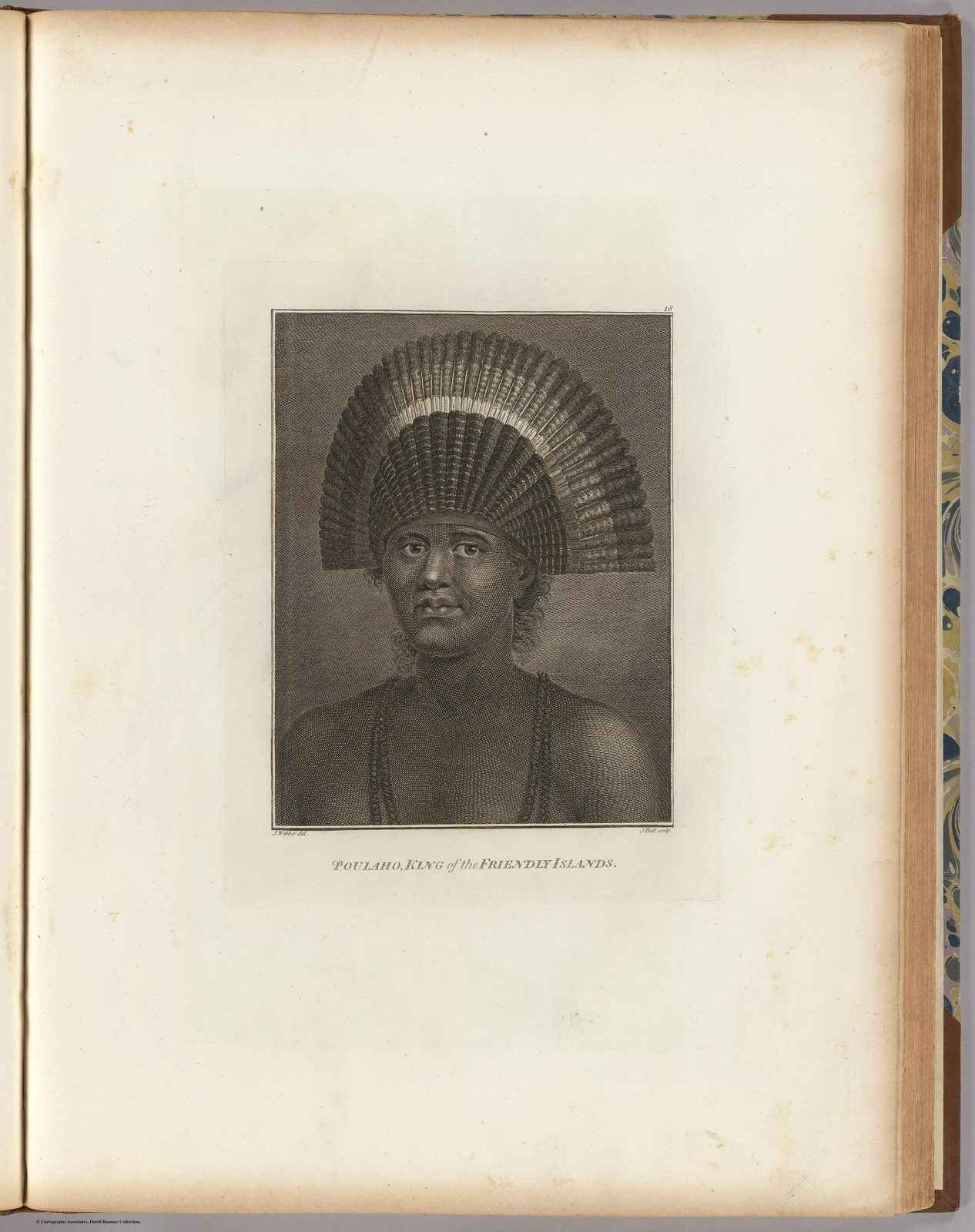 A book page with an engraved portrait of a heavy-set man wearing a tall fan-shaped headdress.