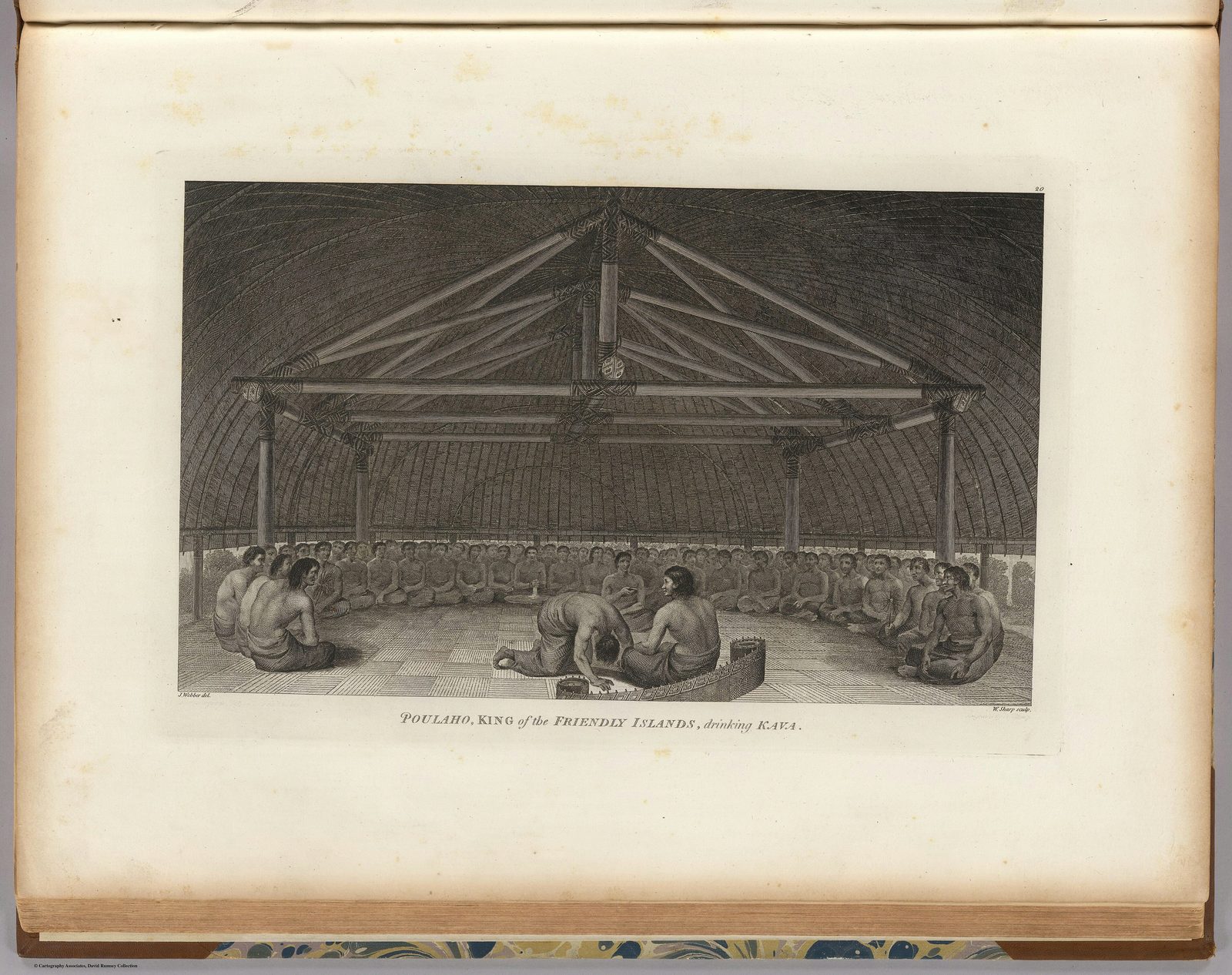 A book page with an engraving of men seated in a ring under the roof of a large open house.