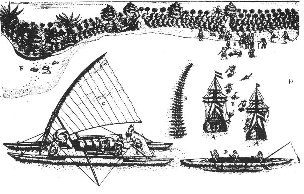 A woodcut of two sailing ships at anchor off a wooded shore, with canoes and islanders bringing gifts.