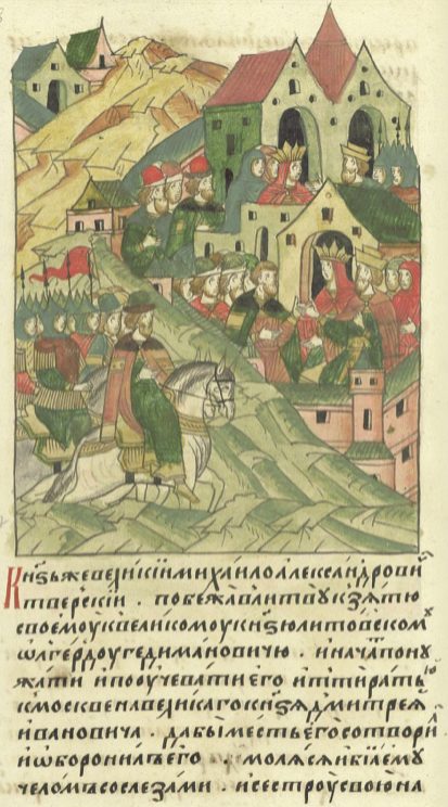 A manuscript page of a prince riding into a walled town to meet a ruler seated among his court, above lines of Cyrillic.