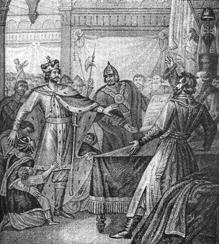 An engraving of a crowned prince handing a document across a table to boyars and clergy in a vaulted hall.