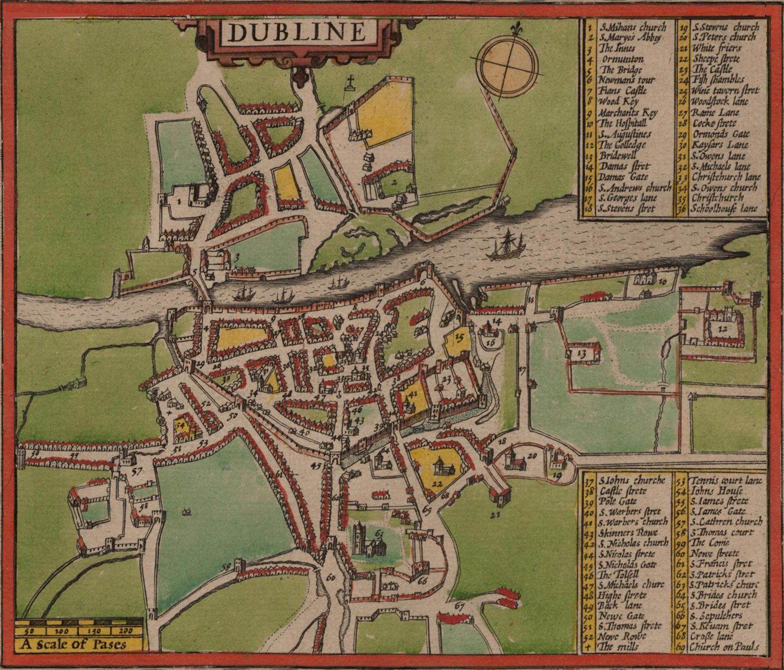 A coloured town plan of a walled city on both banks of a river, with a numbered key down the sides.