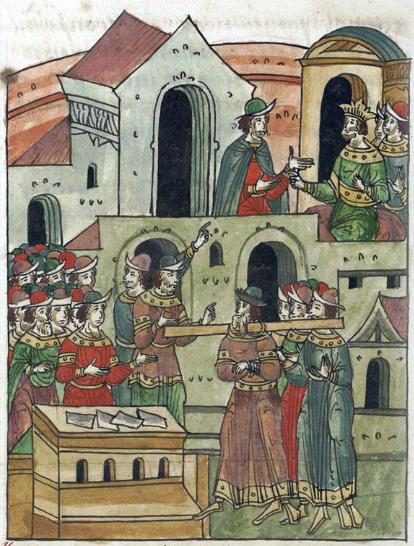 A manuscript miniature of a man being seized and killed in a courtyard while a seated ruler looks on.