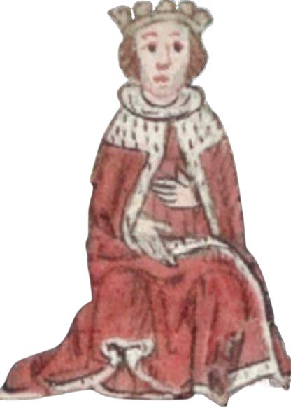 A painted figure of a crowned prince in a red, ermine-trimmed robe.