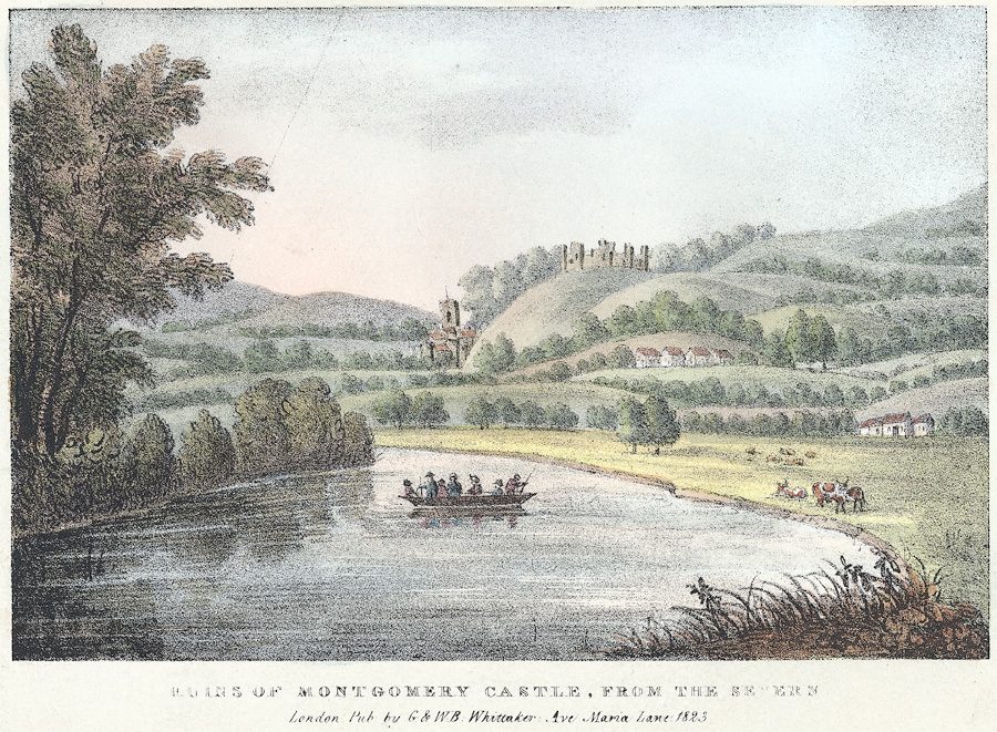 A tinted print of a ruined castle on a wooded hill above a river with a small boat.
