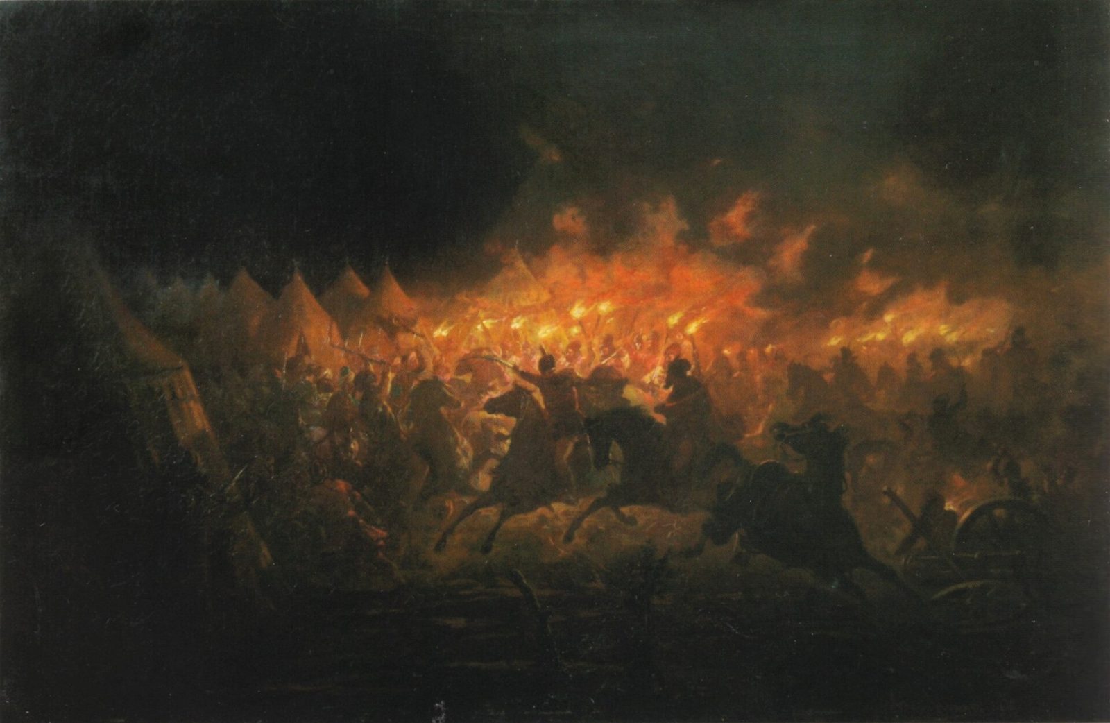 A dark painting of horsemen charging through a camp lit by torches and flames.