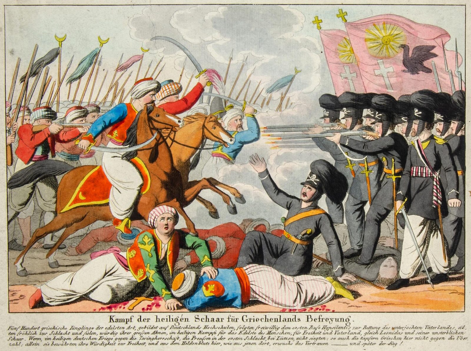 A coloured print of black-clad infantry under a banner fighting turbaned horsemen, with the dead at their feet.