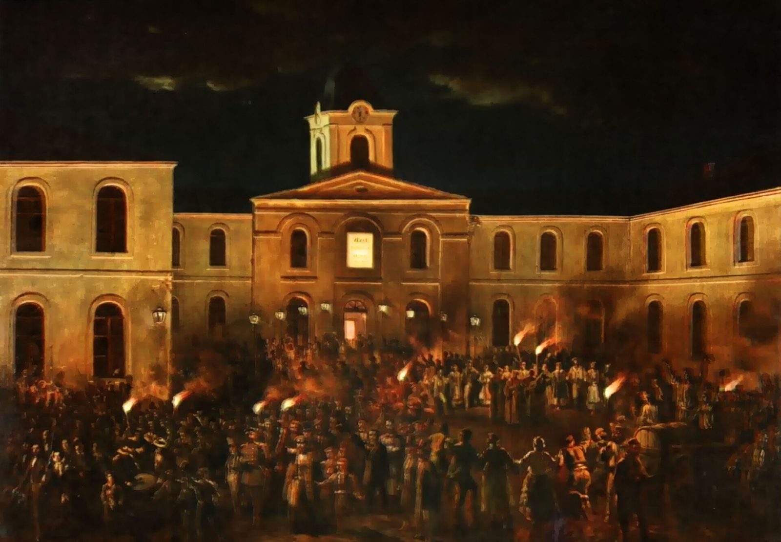 A painting of a torchlit crowd dancing in a ring before a long building at night.