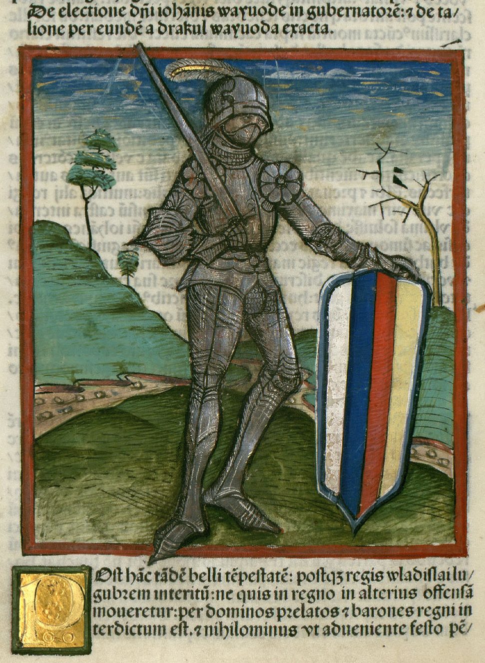 A hand-coloured woodcut of a knight in full armour with a sword and a striped shield, above a block of Latin text.