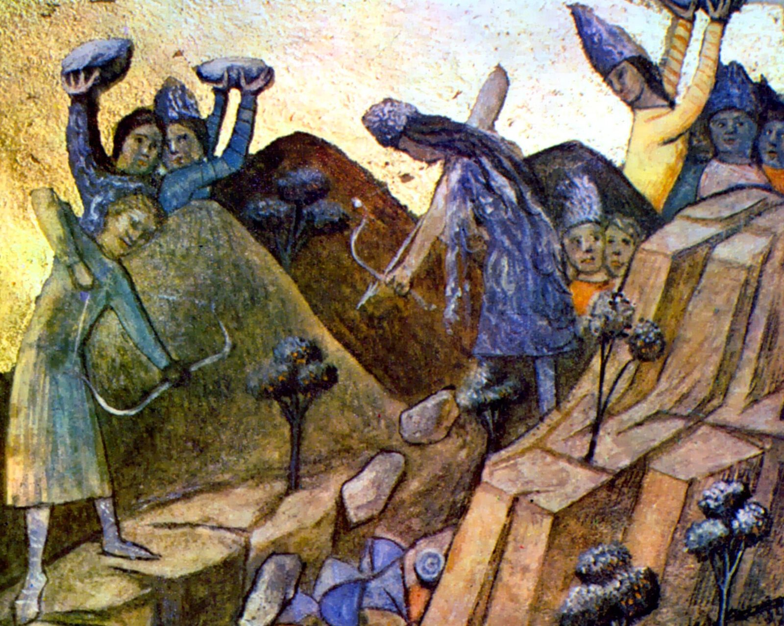 An illuminated miniature of armoured knights trapped in a narrow gorge while men on the heights above shoot arrows and throw stones down.