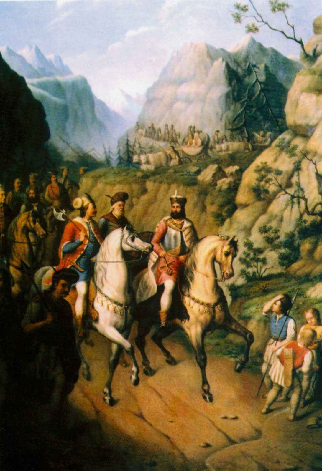A painting of a prince on a white horse leading a column of riders and people down a mountain valley.