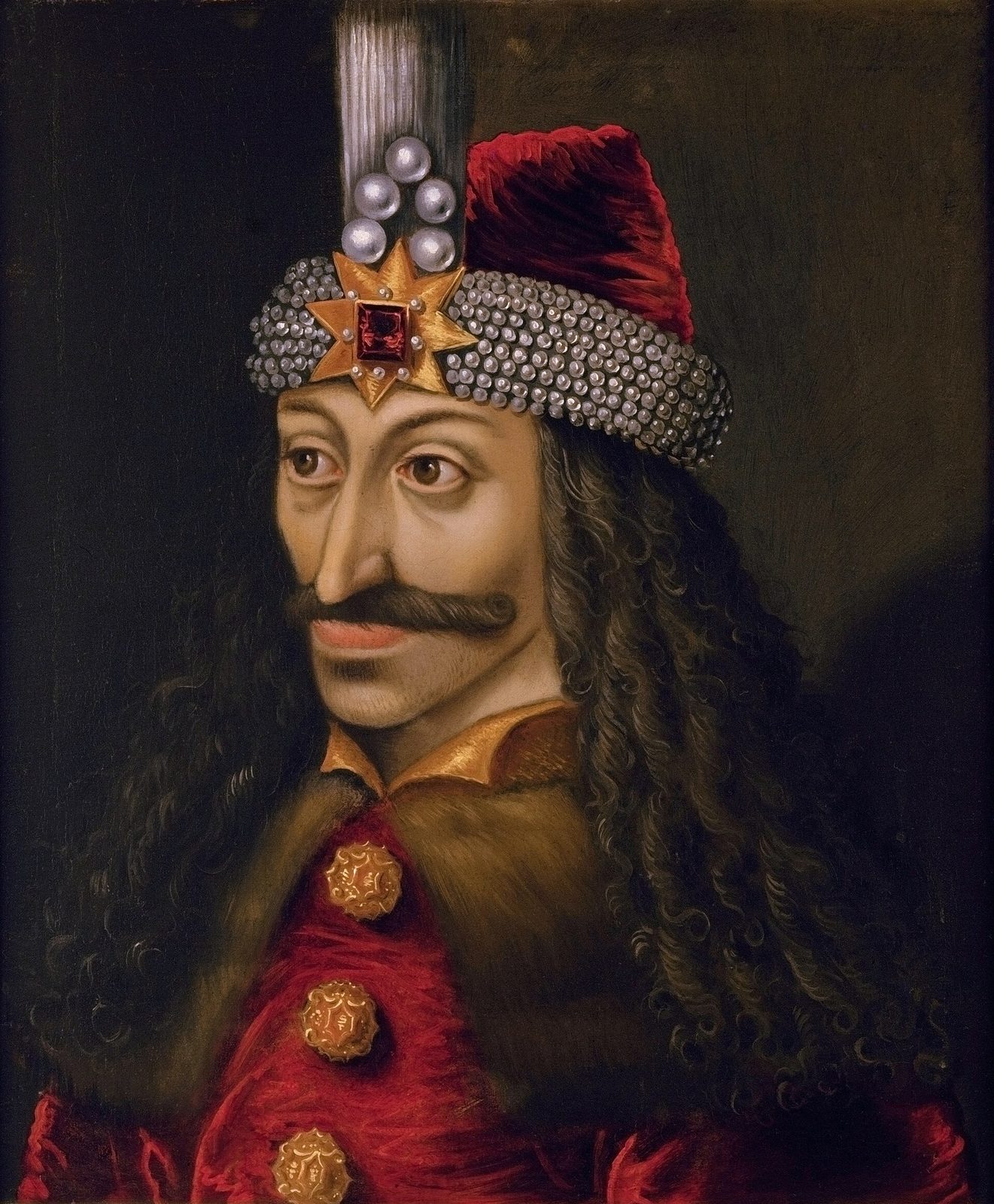 A painted portrait of a man with a long moustache and dark curls, wearing a red cap set with pearls and a jewelled star.