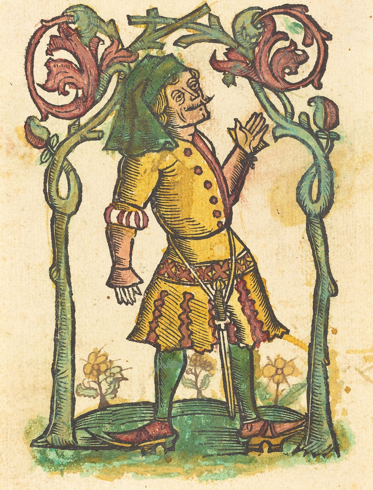 A hand-coloured woodcut of a man in a green hood and yellow jacket standing inside a frame of leafy branches.