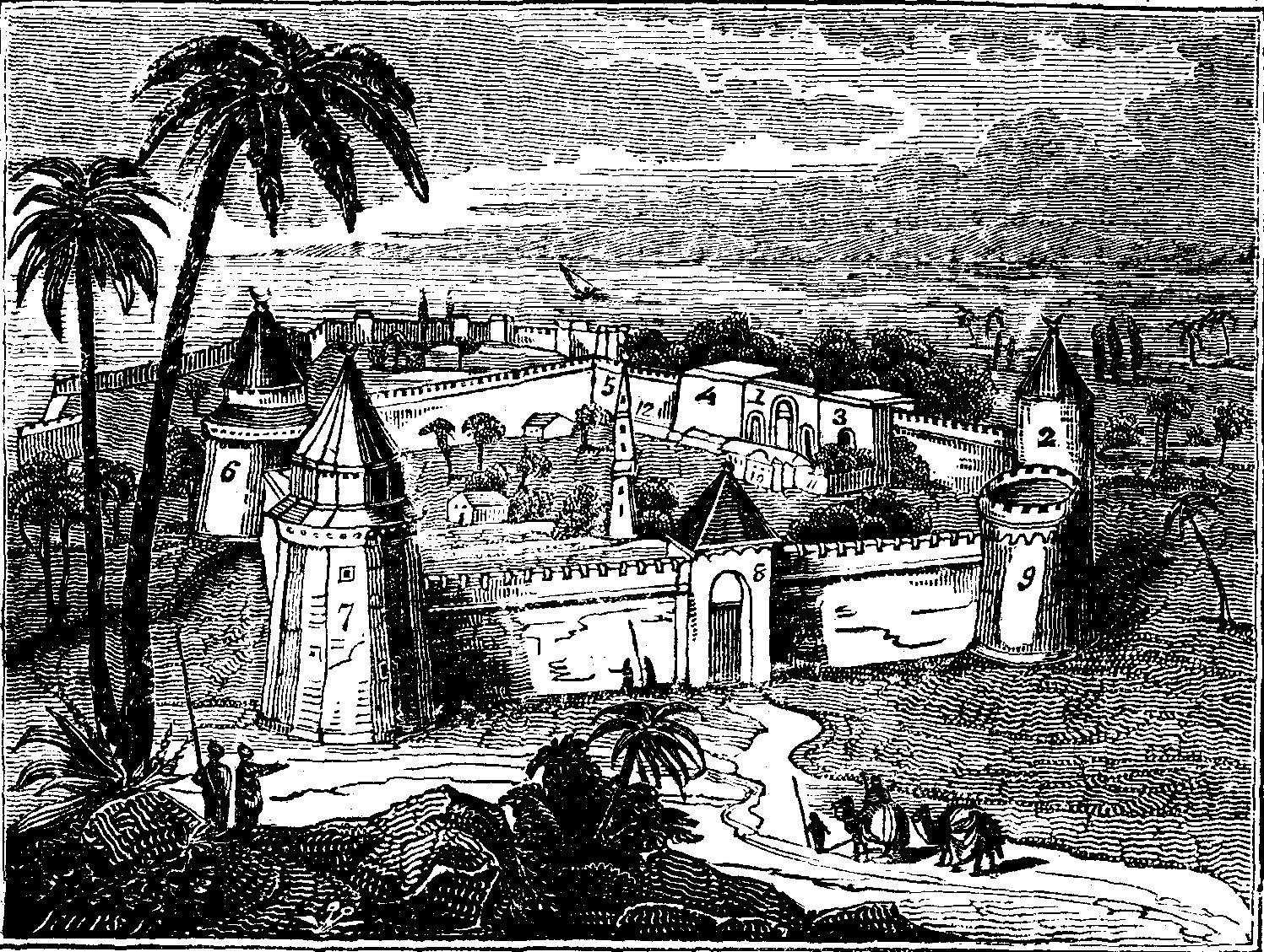 An engraving of a walled fortress with towers by the sea, palm trees in the foreground.
