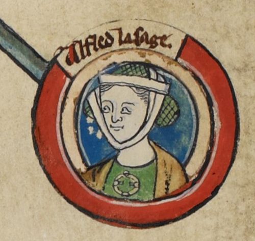 A painted roundel of a woman in a white veil, with a banner above her reading Alfled la sage.