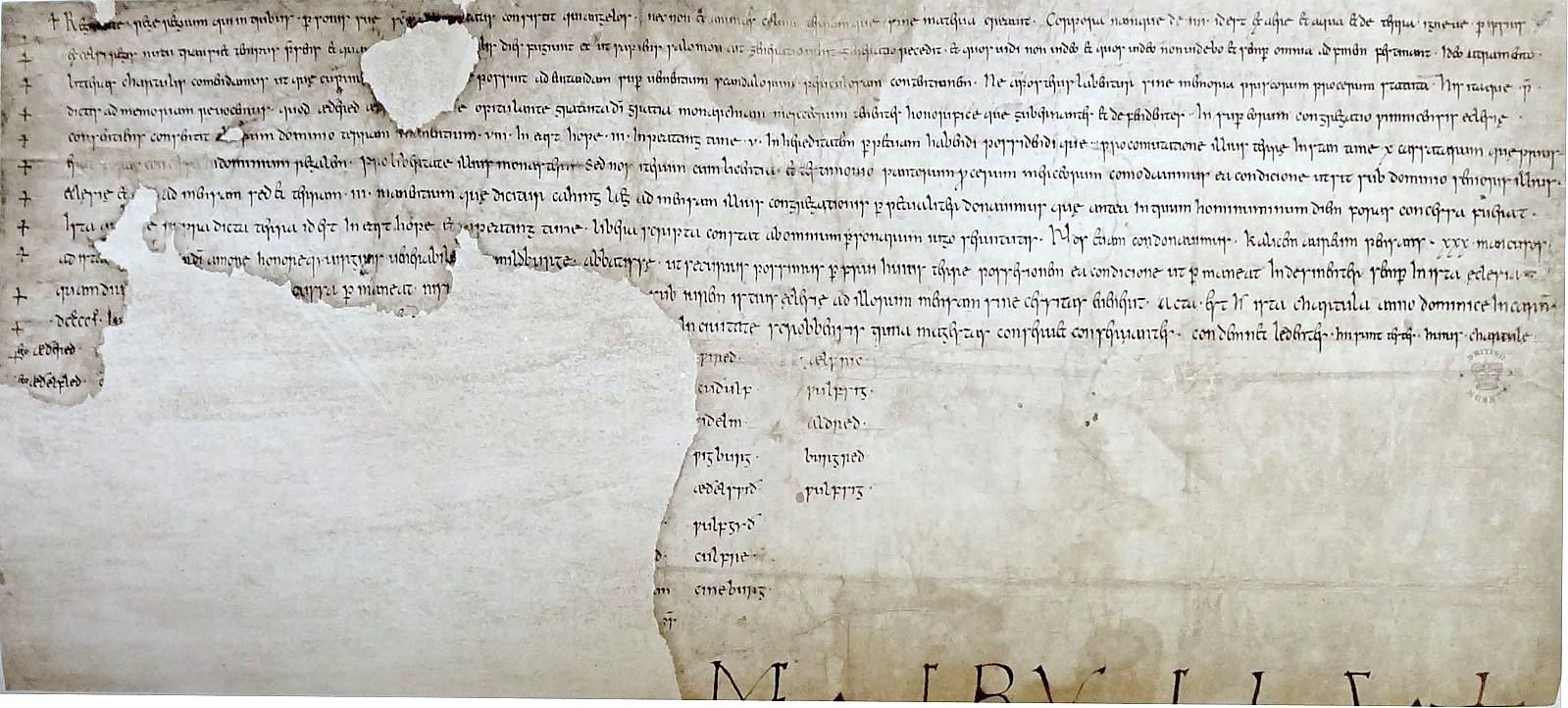 A faded Latin charter in a single block of script, damaged along its left edge.