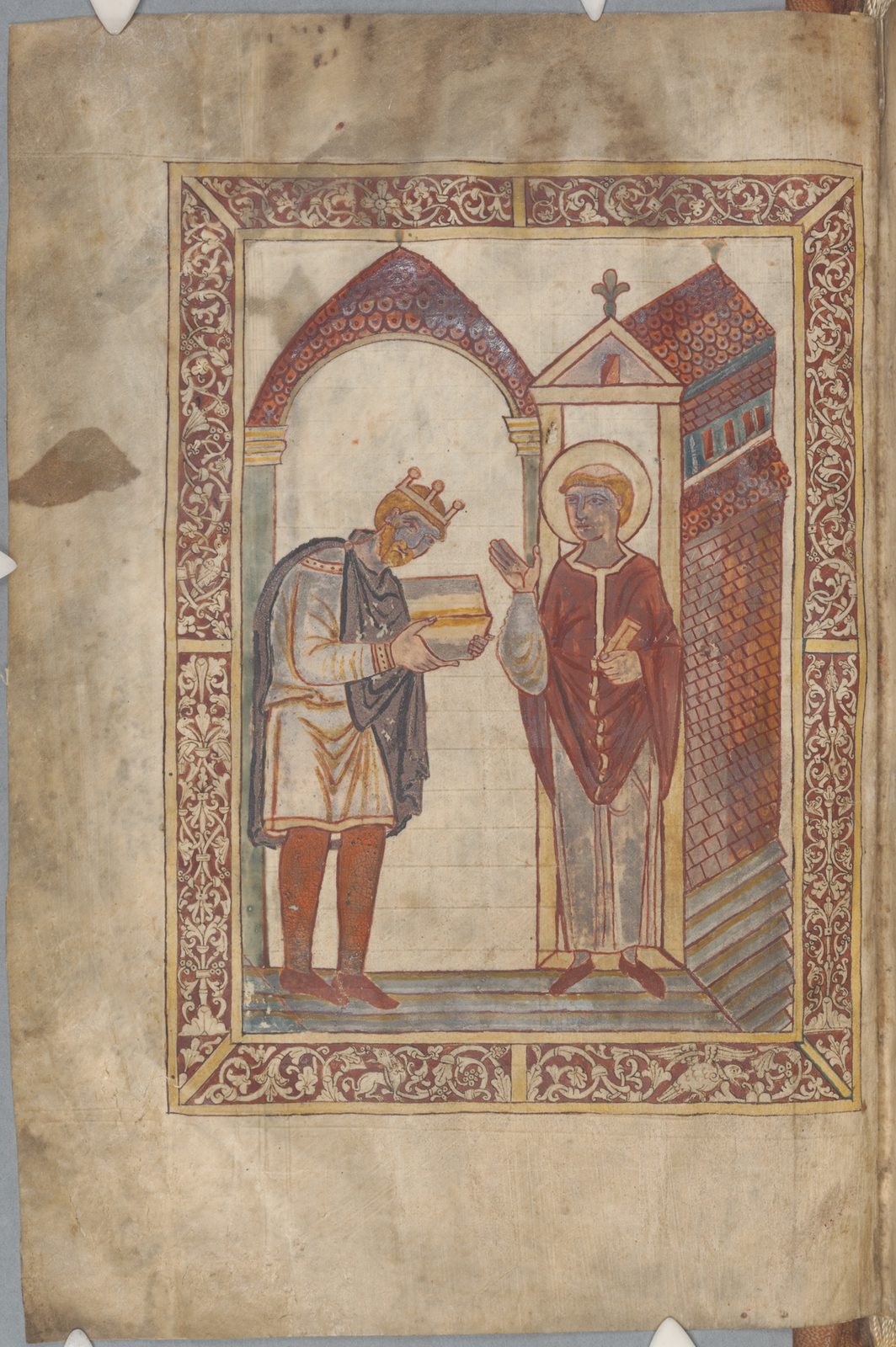 A manuscript painting of a crowned king holding out an open book to a haloed saint standing before a church.