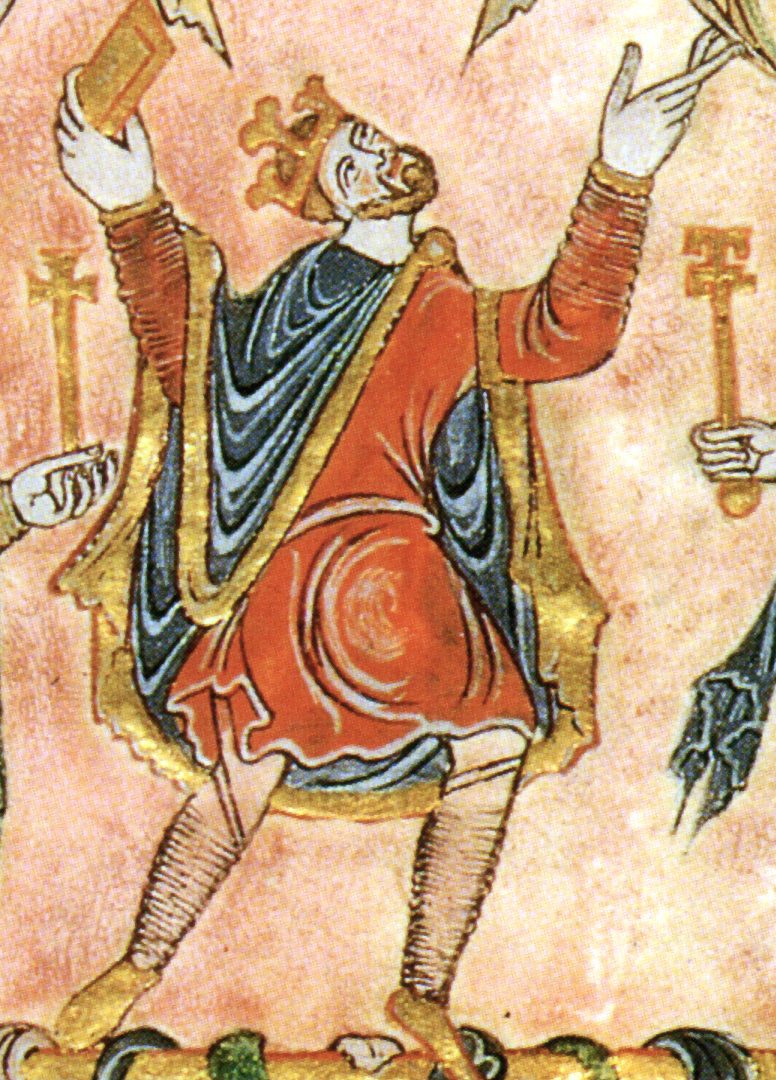 A manuscript painting of a crowned king in a red tunic and blue cloak, raising a book toward heaven.