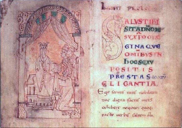 A pale manuscript drawing of a crowned queen enthroned, receiving a book from a kneeling monk while two young men look on.
