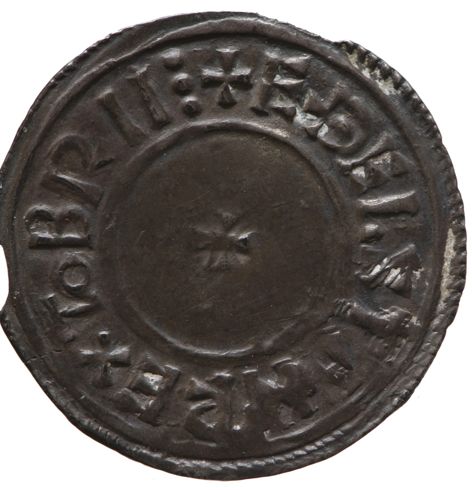 A silver penny with a small central cross and the legend ÆÐELSTAN REX TO BRIT around it.