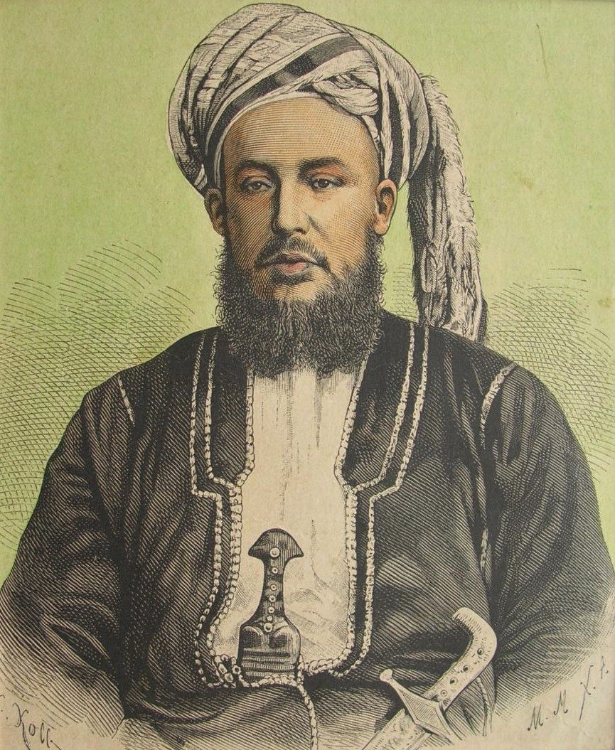A coloured wood engraving of a bearded man in a striped turban and dark coat, a curved dagger at his belt.