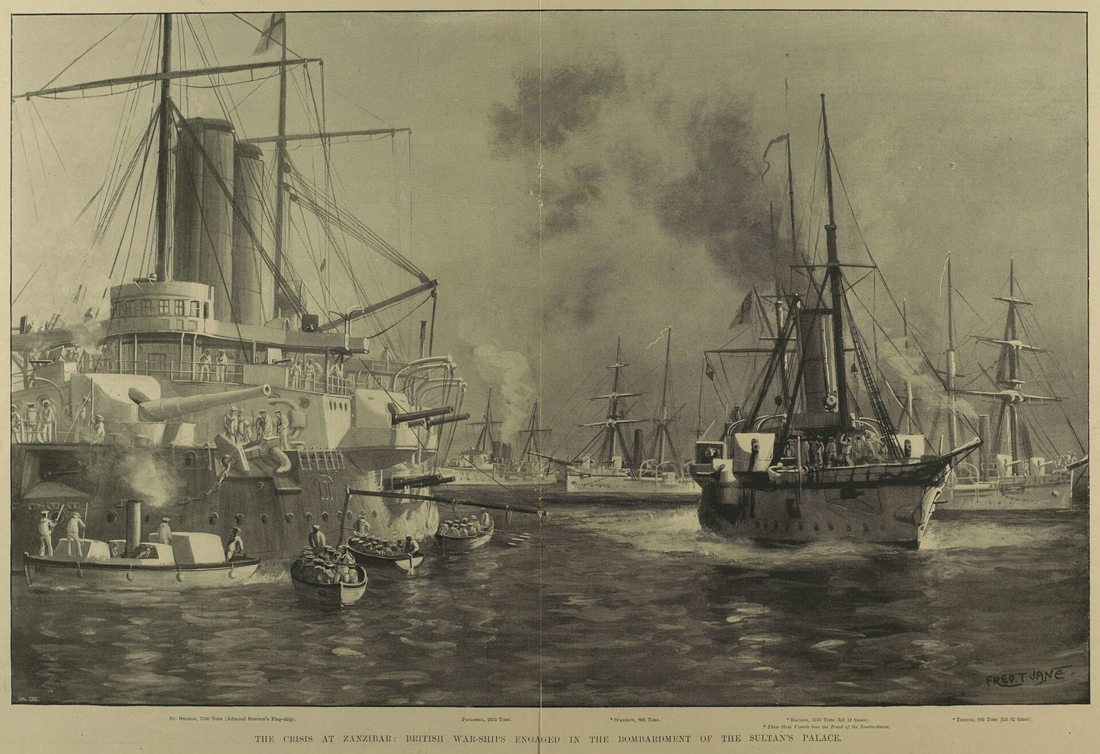 An engraving of warships firing in a harbour, smoke rising, small boats in the foreground.