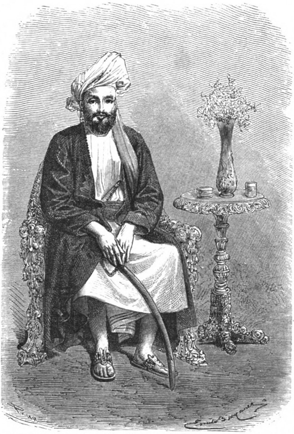 An engraving of a bearded man in a turban and robe seated in a carved chair with a sword across his knees.