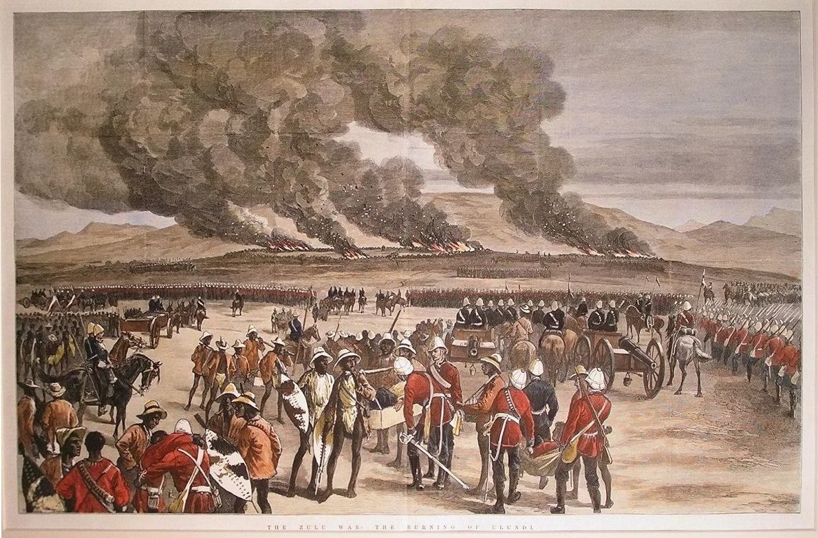 A coloured engraving of red-coated cavalry and infantry on a plain, columns of black smoke rising from burning huts beyond.