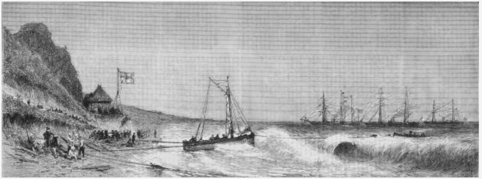 An engraving of a surf boat being hauled out through breakers towards steamships at anchor, a flag flying on the shore.