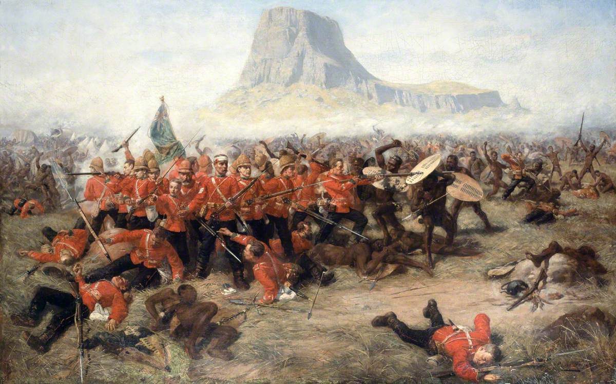 A painting of red-coated soldiers fighting hand to hand with Zulu warriors carrying shields, a flat-topped rocky hill rising behind them.