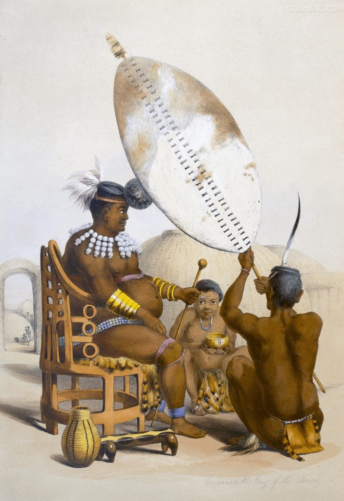 A coloured lithograph of a heavy man seated on a carved chair, an attendant holding a white shield over his head like a parasol.