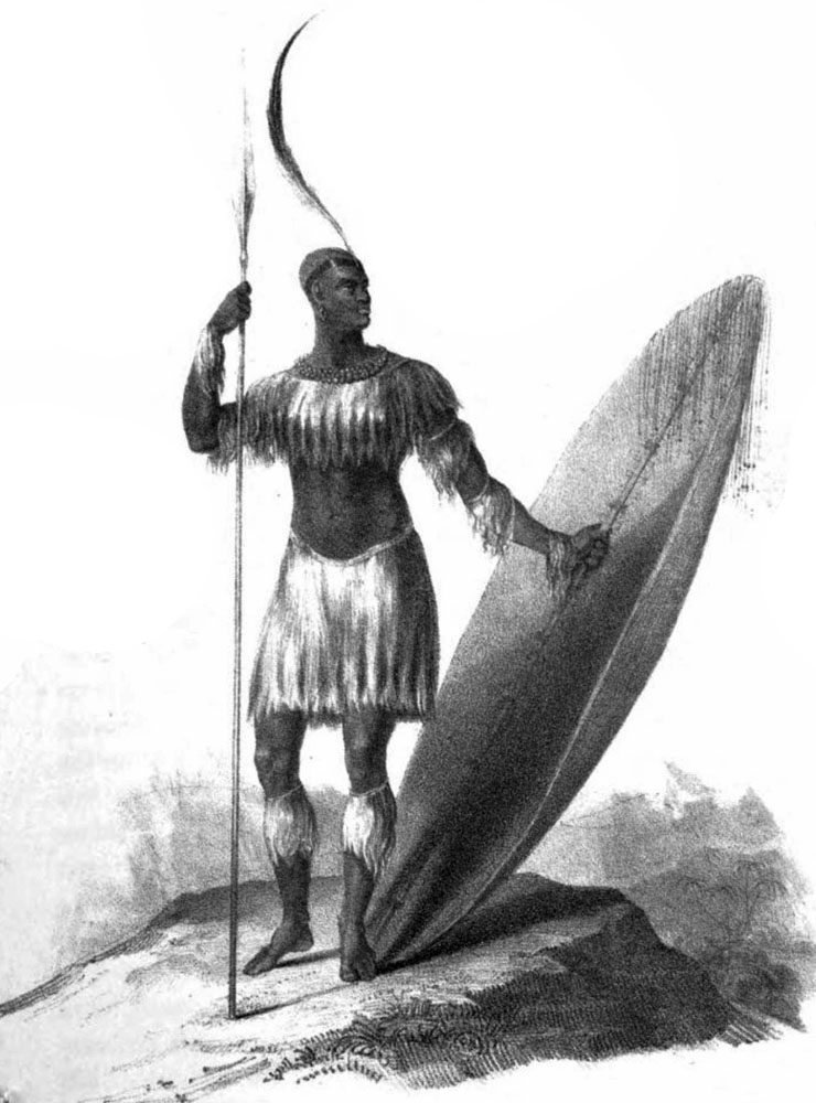 A black-and-white engraving of a tall man in a kilt of hide strips, holding a long spear and resting one hand on a shield as tall as himself.