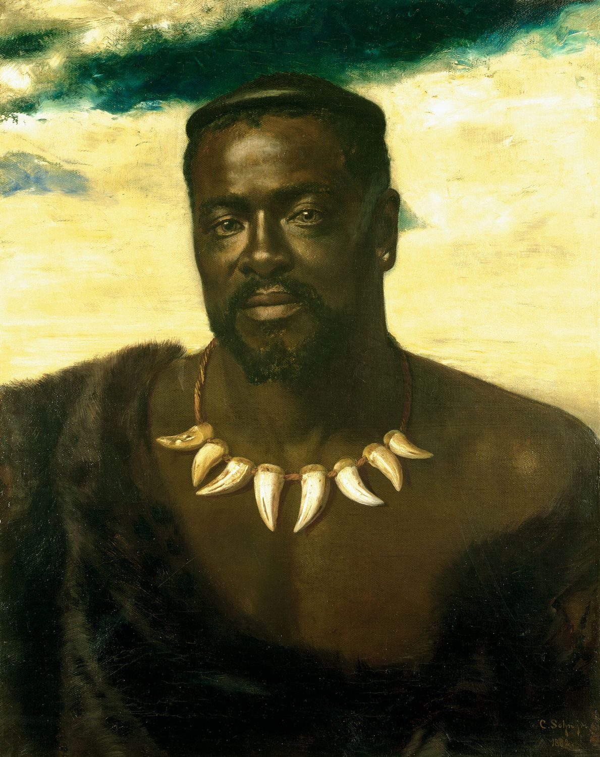 A painted head-and-shoulders portrait of a bearded man wearing a necklace of claws against a stormy sky.